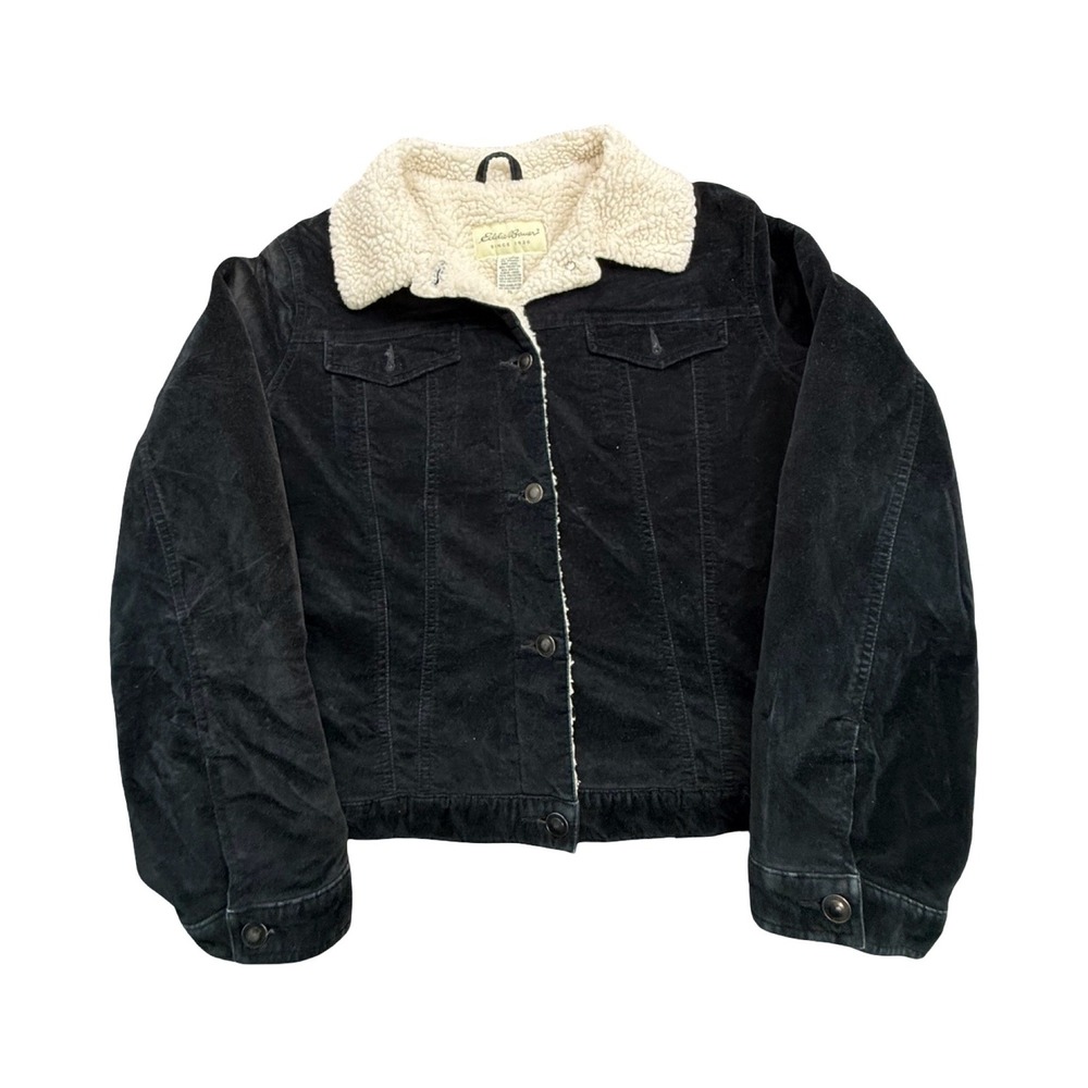 Eddie Bauer Trucker Jacket Womens XL Black Corduroy Faux Shearling Western